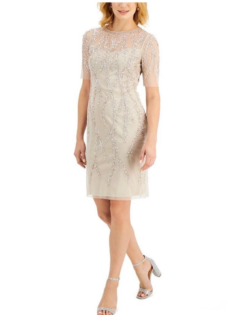 Adrianna Papell Champagne Beaded Sheath Dress 6